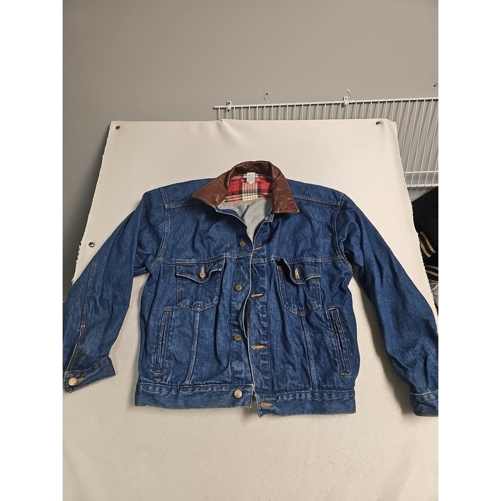 VTG Marlboro Country Store Leather Collar USA Blue Denim Trucker Jacket Mens M